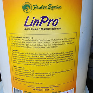 Pail of LinPro, a trace mineral supplement for horses. Photo shows the brand logo and ingredients.