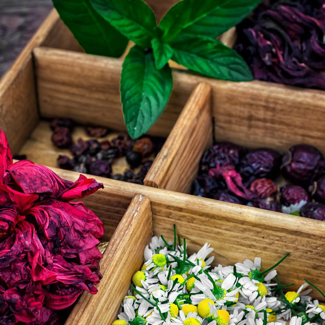 Box of medicinal herbs used for teas and medicine